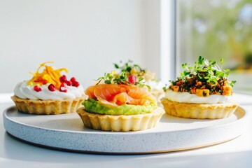 Mini tartlets featuring unique toppings on a ceramic plate