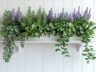 Elegant Greenery Arrangement with Purple Flowers on White Shelf