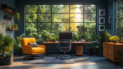Fototapeta premium Cartoon-inspired home office mockup with modern furniture and functional layout