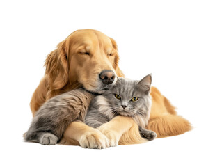 Fototapeta premium Golden retriever and cat sitting together, with a transparent background png