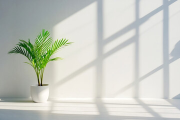 A lush green potted plant in a white container with sunlight streaming through a window, casting geometric shadows.