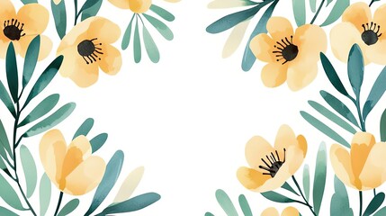 Floral watercolor concept. Beautiful illustration of yellow flowers and green leaves on a white background.