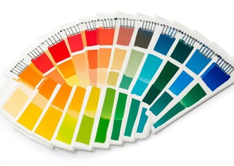 Color swatches fan, diverse hues, design samples.