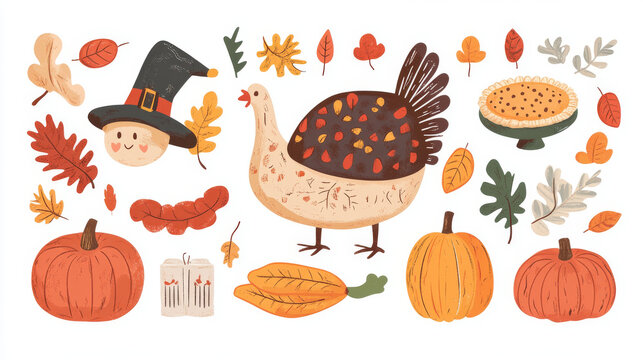 Thanksgiving day. Vector elements of thanksgiving celebration harvest and icons. Traditional turkey, cornucopia horn, pilgrim hat, pumpkin, fruit pie, vegetables harvest, plenty of food products