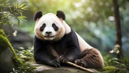 AI image shows a giant panda sitting in a forest with soft sunlight and a bamboo stick, focusing on the panda's face and paws in a natural setting.