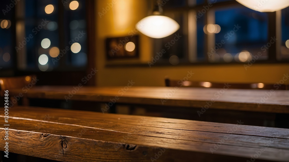 Poster ai image shows a long wooden table in the foreground, a blurred indoor background at night with a ha