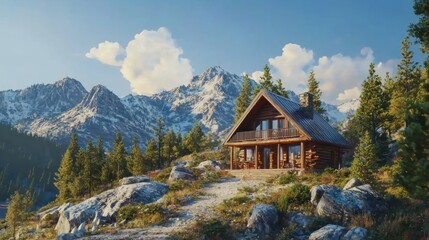 Fototapeta premium Mountain Log Cabin Retreat: A Serene Escape in the Majestic Alps