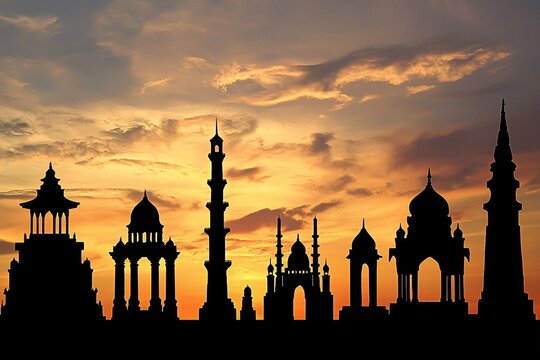 Silhouetted monuments against a vivid sunset highlight diverse iconic structures, creating a captivating visual contrast for design.