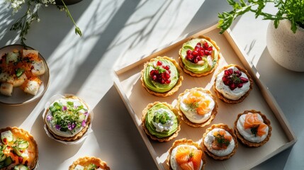 Mini tartlets with avocado lime mousse, cream cheese salmon, and kimchi
