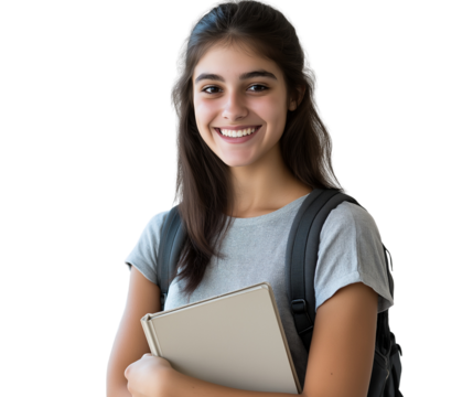 Portrait of a smiling young female student with a backpack and book, isolated on a transparent background png 
