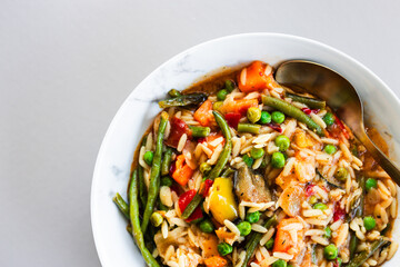 Mediterranean risoni with green beans and mixed vegetables and tomato sauce