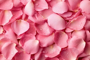 A close-up macro shot of pink rose petals with dewdrops glistening, creating a soft romantic feel.