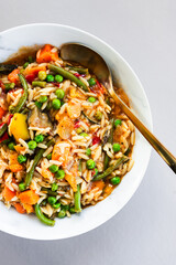 Mediterranean risoni with green beans and mixed vegetables and tomato sauce