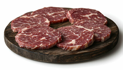 Fototapeta premium Raw beef steaks, wooden board, studio, food photography
