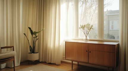 Sunlit living room with mid-century modern cabinet, plant, and flowers by window.