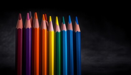 Close up of rainbow coloured pencils with copy space on black background, Art
