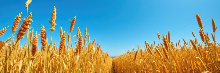 Fototapeta premium A vast field of golden ripe flax plants under a clear blue sky, ready for harvesting, harvest time, season