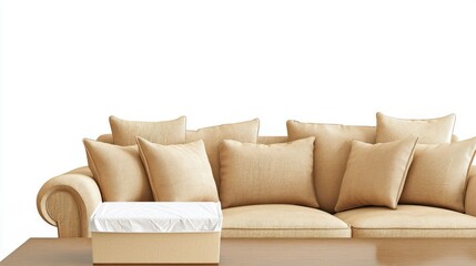 Beige sofa, delivery box, white background, home decor
