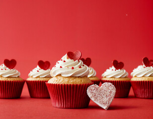 Cupcake love: Heart-themed treats on a vibrant red backdrop with copy space for your Valentines day greetings