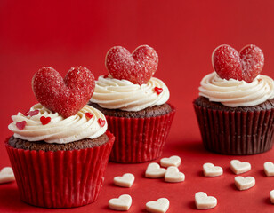 Cupcake love: Heart-themed treats on a vibrant red backdrop with copy space for your Valentines day greetings