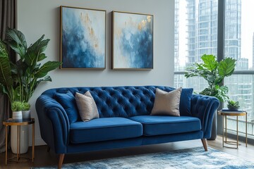 Blue velvet sofa and armchair set with wooden legs and gold metal accents in a modern living room with abstract art and stylish decor.