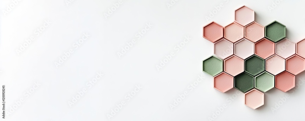 Poster Geometric watercolor concept. Stylish hexagonal tiles in soft pink and green colors creating a modern and elegant pattern.