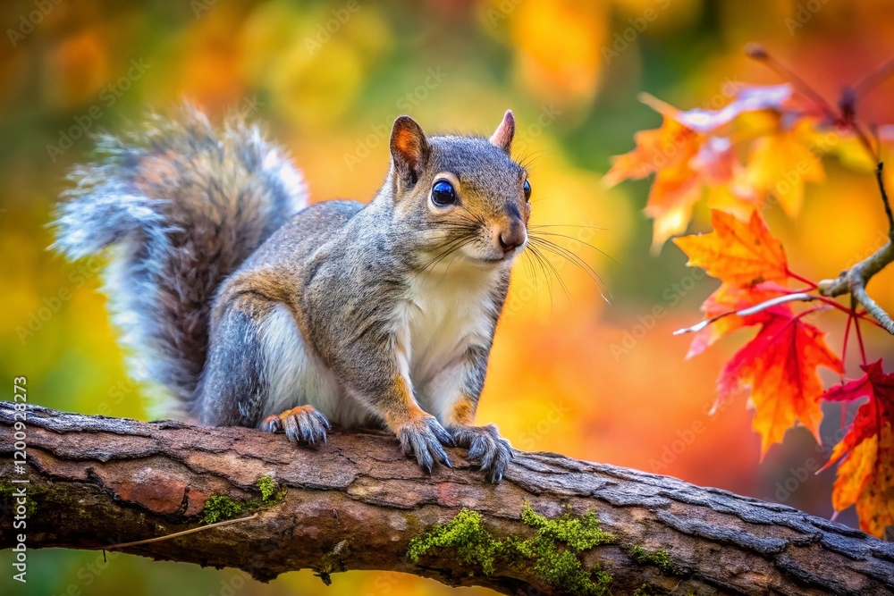 Poster adorable grey squirrel posing on a tree branch with beautiful bokeh background