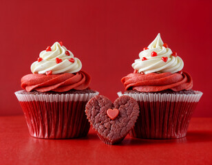Cupcake love: Heart-themed treats on a vibrant red backdrop with copy space for your Valentines day greetings