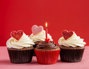 Cupcake love: Heart-themed treats on a vibrant red backdrop with copy space for your Valentines day greetings