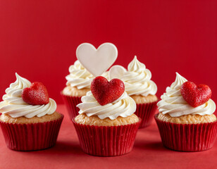 Cupcake love: Heart-themed treats on a vibrant red backdrop with copy space for your Valentines day greetings