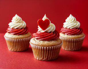 Cupcake love: Heart-themed treats on a vibrant red backdrop with copy space for your Valentines day greetings