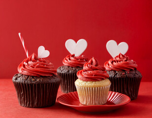 Cupcake love: Heart-themed treats on a vibrant red backdrop with copy space for your Valentines day greetings