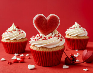 Cupcake love: Heart-themed treats on a vibrant red backdrop with copy space for your Valentines day greetings © Sam