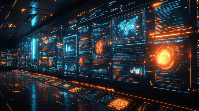 a futuristic computer room with a lot of screens