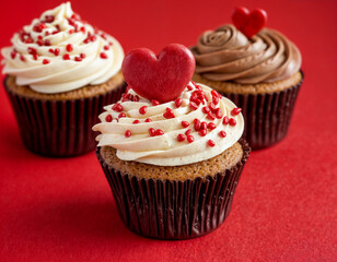 Cupcake love: Heart-themed treats on a vibrant red backdrop with copy space for your Valentines day greetings