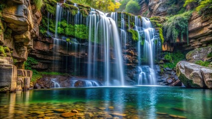 A waterfall with multiple small droplets falling from the edge of a rocky cliff into a pool below, spray, pool, waterfall