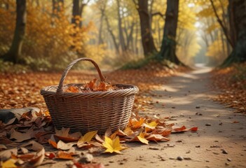 A weathered wicker basket lies forgotten on a sandy path in an autumnal forest, blanketed with fallen leaves and tree debris, forest, foliage colors, outdoor