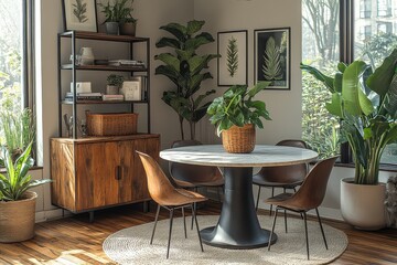 Industrial-style dining room with black metal and wood shelf, round wooden table with dark brown chairs, and modern walnut bookcase with marble accents for cozy home interior.