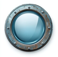 Rusted metal porthole with blue glass.
