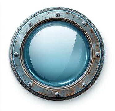 Fototapeta Rusted metal porthole with blue glass.