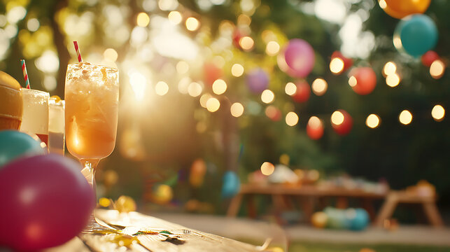 vibrant outdoor gathering with colorful drinks and festive decorations creates joyful atmosphere