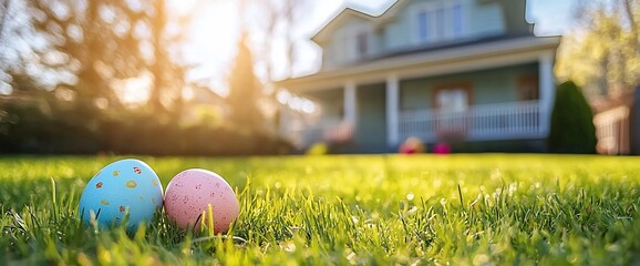 Two Easter eggs hidden in grass with house background.