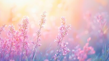 Ethereal watercolor concept. Soft pastel flowers blooming in a serene, dreamy landscape under gentle sunlight.