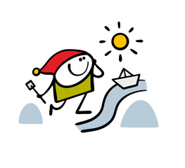 Obraz premium Little boy in a red hat is playing in puddle. Vector illustration of the sun melting snow, paper boat floating in a stream among snowdrifts. Doodle character isolated on white background.