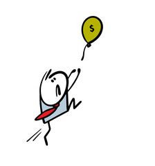 An alarmed businessman jumps for a balloon. Vector illustration of a business concept, an office employee has missed a financial benefit. Dollar sign, the stickman is at a loss. Doodle character.