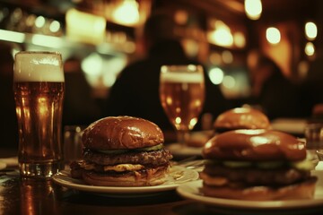 photo of juicy burgers and beer on wooden table in urban pub 