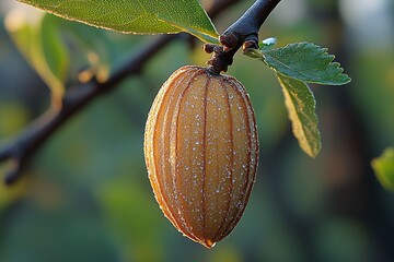 Close-Up View of a Fresh Green Almond on Tree Branch : Generative AI