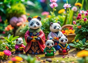 Fototapeta premium Adorable Panda Figurines in Robes: Trendy Home Decor Landscape Photography