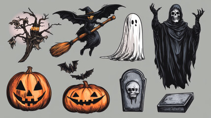 Halloween sketch icons. Vector isolated design elements of witch in hat flying on besom, frightening pumpkin, death with scythe, tomb stone, bedsheet ghost, coffin, evil skull with scary smile