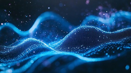 Bright blue music notes flowing through an abstract digital sound wave in a visually striking artistic representation